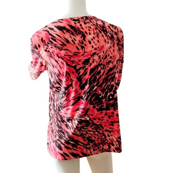 Jennifer Lopez Plus 1X Wrap Animal Print Coral Fuchsia Ruched Surplice Blouse - Picture 2 of 16